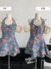 Casual Dresses Retro Floral Print Bind Women Denim Mini Dress Square Collar Halter Tunic Design Frocks Female Y2K 2000s Vintage Chic