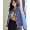 Womens Jackets Tweed Coats Autumn Women Jacket Cropped Tops Short Coat High Quality Round Neck Buttons Blue Outerwear Clothes 231127