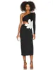 Robes décontractées Sexy Col Diagonal Manches longues Perles Robe de fleur Femmes Noir Une épaule Taille découpée Slim Soirée Soirée