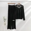 Ropa de dormir para mujer Suéter de punto Conjunto de 2 piezas Mujeres Invierno Otoño Cálido Cuello en V Jersey Recto Pantalón de jogging Trajes para el hogar Chándal casual