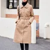 Women's Trench Coats Winter Jacket Long Straight Thin Coat Casual Sashes Women Parkas Turn-down Collar Stylish Outerwear Plaid