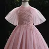 Vestidos de menina vestido de noite rosa lantejoulas elegantes apliques mangas curtas vestido de baile o-pescoço de piso para o chão flor b1760