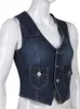 Gilet Y2k Giacca corta in denim Gilet con retro scollato Gilet grunge Tasche Streetwear Donna Senza maniche Bottone Corsetto vintage Top