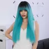 Synthetic Wigs Wig Women's Lake Blue Long Straight Hair Bangs Synthetic Wig Set Blue Wig