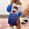 Robes décontractées Joyeux Noël Sweat-shirt Dames Crewneck Off-Épaule Manches longues Coupe de vin Imprimé Cosplay Robe de soirée Soirée