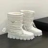 Botas de neve de esqui de combate monólito alto triângulo-logotipo deslizamento-on meados de bezerro salto robusto botas de nylon dedo do pé redondo designer de luxo feminino moda rendas até sapatos calçados de fábrica