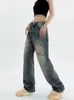 Calças de brim femininas do velho riscado design unisex americano vintage casual denim calças femininas cintura alta solta calças retas