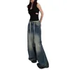 Frauen Jeans Vintage hoch taillierte mit weit linde Beingürtel lose Bodenhose