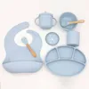 Cups Dishes Utensils 3/8Pcs Children's Silicone Plate Suction Cup Baby Dishes Set For Feeding Bowl Bibs Spoon Fork Sippy Cup Kids Training Tableware 230428