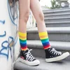 Women Socks Qisin 1Pairs Cute Cotton Elasticity Sweat Long Sock Candy Colors Rainbow Striped Sporty Meias Retro Harajuku Casual