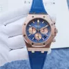 Högkvalitativt toppmärke Audexxx Pigxxx Blue Dial Rose Gold Steel Leather Strap Sapphire Mirror Mirror Multifunktionell Chronograph Quartz Movement Man Watch