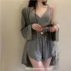 Dames slaapkleding pyjama set vrouw 3 stuks sexy bretels losse shorts dames lente en zomer Japanse nachtjapon met lange mouwen