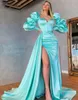 Prom Dresses Light Blue Evening Gown Party Formal New Custom Lace Up Zipper Plus Size Mermaid Sweetheart Long Sleeve Thigh-High Slits Pleat Satin