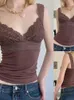 Women's Tanks Women Summer Y2k Fairy Grunge Short Sleeve Crop Tops V Neck Lace Trim Patchwork Slim Fit T-Shirt Low Cut Tee Streetwear