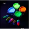 Prego Glitter Nail Glitter Art Salon Saúde Beleza 1 Caixa Fluorescente BK Brilha no Pó Escuro Colorf Polonês Cromo Poeira Pigmento Drop Dhrbq