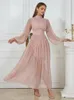 Casual Dresses Women Bubble Long Sleeve High Waist Dress Elegant Pink Half Collar Pleated Loose A-line Birthday Evening Party