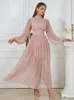 Robes décontractées Femmes Bubble Manches longues Robe taille haute élégante rose demi-collier plissé lâche a-ligne fête d'anniversaire