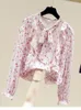 Women's Blouses Women Spring Blouse Temperament Stamp Arder Bow Ruffle Flare Sleeve Long Fragmented Chiffon Shirt Fairy Top D3027