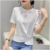 Dames T-shirt T-shirts 2023 Zomer Europese Stijl Mode Y O-hals Kralen Kruis Irregar Vrouwen Korte Mouw Tops Plover Tees Drop Del Dhhac