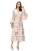 Women's Runway Dresses V Neck Long Lantern Sleeves Printed Tired Ruffles Lace Up Fashion Designer Vestidos