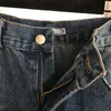 Broderi breda ben jeans kvinnor rak denim byxor triangel blå hög midja lösa denim byxor varumärke jeans