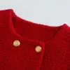 Robe deux pièces XEASY Tweed femmes deux pièces ensemble rouge foncé Vintage bureau dame Double boutonnage Blazer femme mince taille haute Mini jupe costume 231129
