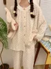 Vêtements de nuit pour femmes Pyjama manches Casual sommeil femmes automne style dentelle mignon hiver élégant vacances hauts long col rond princesse imprimer ensemble de maison