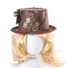 Steampunk Retro Cappelli Carnevale Cosplay Bowler Gear Catena Feather Decor Party Caps Halloween Marrone Cappelli rotondi per uomo Donna T200223E