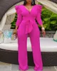 Womens Jumpsuits Rompers Deep V Neck Wide Leg Jumpsuit Women Office Lady Rose Red Puff Sleeve Long Pants and Belt Vestidos Autumn 231129