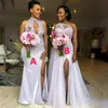 Роскошные платья подружки невесты Aso Ebi Плюс Размер Африканские арабские женщины Простые платья невесты Платье для гостей Тюль Дешевые платья для вечеринок Стразы с высоким разрезом BR004