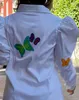 Women's Blouses Temperament Top Women 2023 Spring Puff Sleeve Butterfly Print Buttoned Turn-Down Collar Long Daily Crop Shirt