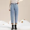 Jeans pour femmes automne hiver rétro taille haute femmes plus velours lâche droite jambe large denim décontracté sarouel chaud C7981