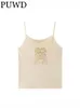 Camis PUWD Women Beige Retro Lace Elf Printed Short Camisole 2022 Summer Fashion Ladies Backless Girls Knitted Soft Cotton Top