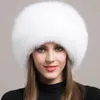 Breda randen hattar hink 100 naturliga päls hatt kvinnor mössa tjockt vinter varm kvinnlig mode för med öronmuffar 231128