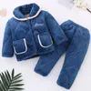 Pijamas inverno frio bebê criança pijamas mais veludo engrossar menina menino homewear roupa interior térmica três camadas de calor crianças roupas conjunto 231129