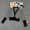 Women's Sweaters designer M Family 2023 New V-neck Knitted Stripe Heart Single breasted Cardigan Hem Letter Beaded Long sleeved Coat Top BRGT