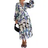 Casual Dresses Sshybmne Women Summer Floral Long Dress Bohemian V Neck Sleeves Ruffle Hem Flowy Swing Beach (Yellow L)