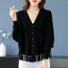 Kvinnors stickor Kvinnor Autumn Winter Korean Chic Tassel V-ringning Stickad Lady Clothes Lång ärm Simple All-Match Loose Thin Thin Coat