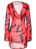 Casual Dresses Women Sexig miniklänning Deep V Neck Långärmad sommarnät se genom Party Club Short Split Tie-Dye Print