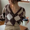 Tricots pour femmes Tees Vintage Argyle Contraste Couleur Tricoté Cardigan Col V Simple Boutonnage Femmes Pull Automne Coréen Chic Manches Longues Saut