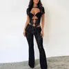 Women's Two Piece Pants Hirigin Chic Women Summer Outfits Front Cutout Lace Tops Low Rise Skinny Long Flare 2 Pieces Clothes Set Streetwear