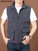 Mens Vests Mens Thin Tooling Loose Quick Drying Vest Mens Outdoor Sports Coat Multi Pocket Stand Collar Vest Spring Camping Fishing Vest 231129