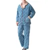 Homens sleepwear homens pijamas grossos inverno loungewear conjunto de pelúcia casaco quente coral calças de lã para aconchegante homewear design de lapela de peito único