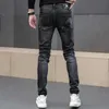 Mens Jeans Spring Autumn Washed Designer Kläder pojkvän Black Fashion Korean Vintage Cargo Slim Stretch Embroidery Trousers 231129