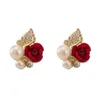 Boucles d'oreilles en forme de fleur, belle Rose rouge, Imitation perle, cristal, bijoux d'oreille simples pour fille, cadeau 213b