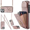 Funda de cuero con soporte para anillo y correa de cordón cruzado para iPhone 13 14 15 Pro Max 12 11 XS Max X XR 8 7 Plus Funda tipo billetera con ranura para tarjetas múltiples