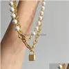 Hänghalsband titan med 18k guld faux pärla skiktat låsuttalande halsalce stainls stål smycken t visa party runway boho jap dhk9x