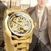 腕時計の勝者の豪華なスケルトンメカニカルウォッチfor Men Golden Royal Dodecagon Case Careved Movement Stainless Strap Luminous Hands 231128