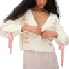 Women's Knits Long Sleeve Cropped Cardigan Fairy Grunge Wide Satin Ribbon Sweater Sweet Button Contrast Tie