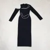 Casual Dresses Autumn Sparkly Crystal ChainCut Out Long Sleeve Bodycon Celebrity Evening 2023 Maxi Black Bandage Dress